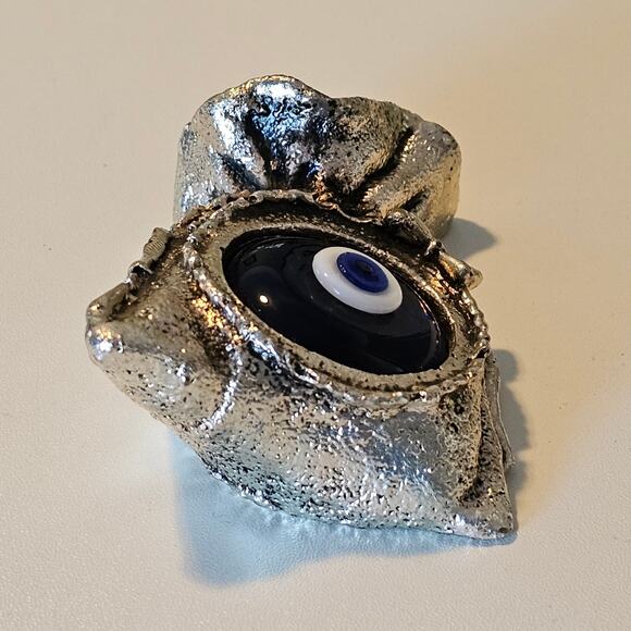 Vintage Turkish Evil Eye Paperweight Silver Metal and Blue Glass - Picture 6 of 9